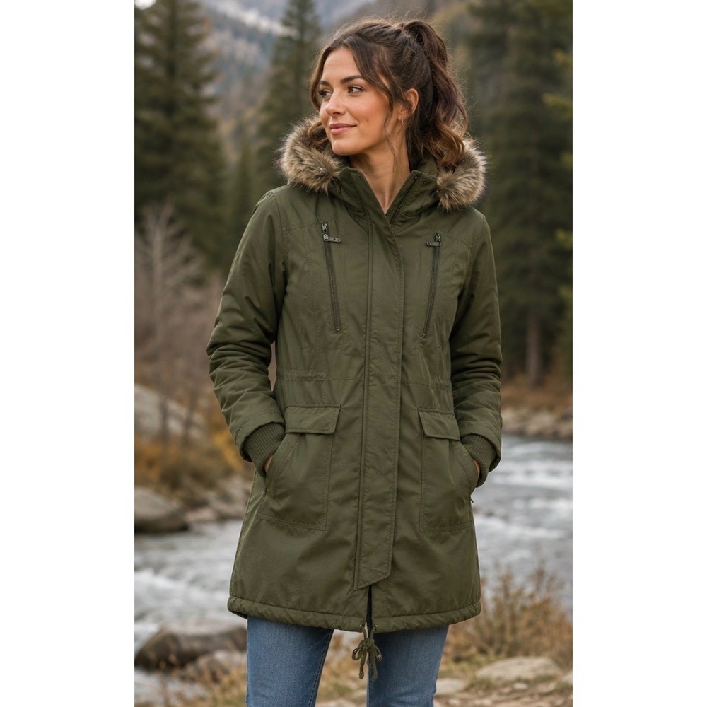 1 Madison Expedition Heritage Olive Green Faux Fur Trim Hooded Parka Women Small